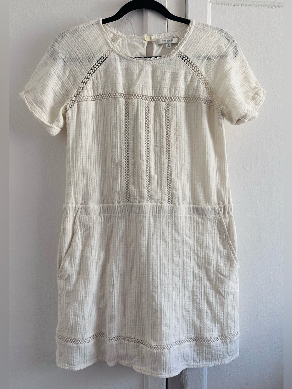 Madewell Ivory Textured Mini Dress With Pockets.